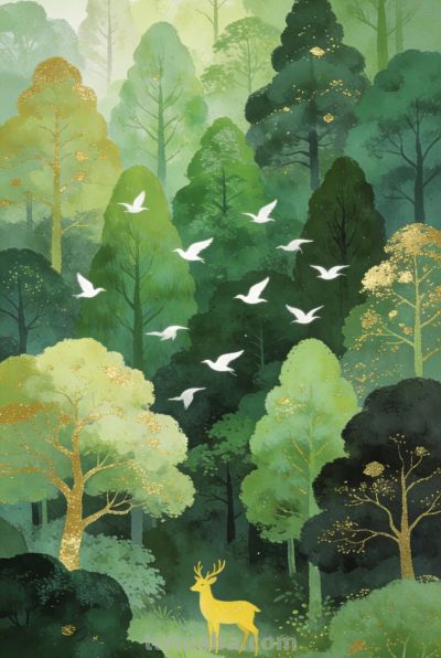森系水彩插画，金箔点缀，治愈森林 - 图画吧TUHUABA