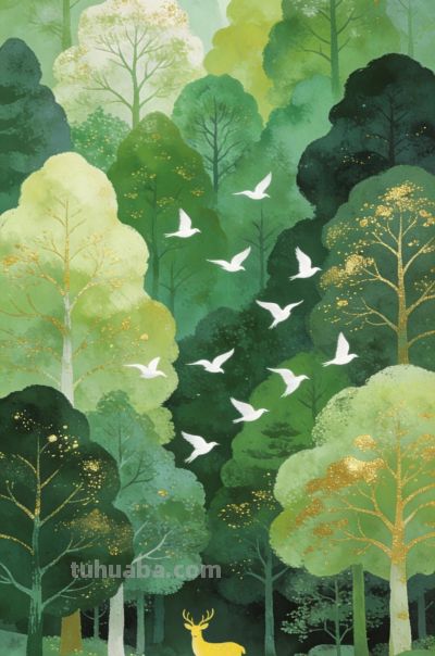 森系水彩插画，金箔点缀，治愈森林 - 图画吧TUHUABA