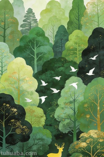 森系水彩插画，金箔点缀，治愈森林 - 图画吧TUHUABA