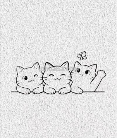 三猫嬉戏 三只小猫简笔绘 无忧无虑乐翻天丨宋瑾一简笔画分享 - 图画吧TUHUABA