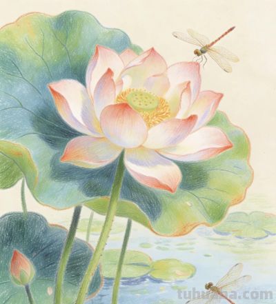 分享国风彩铅荷花插画一组 - 图画吧TUHUABA