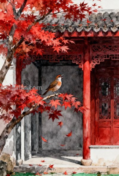 中式庭院水彩画赏 - 图画吧TUHUABA