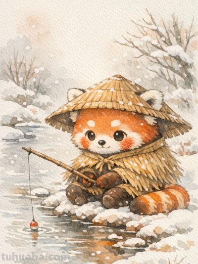 雪中垂钓乐 静待春意归 独享小确幸丨mocai水彩画小动物分享 - 图画吧TUHUABA