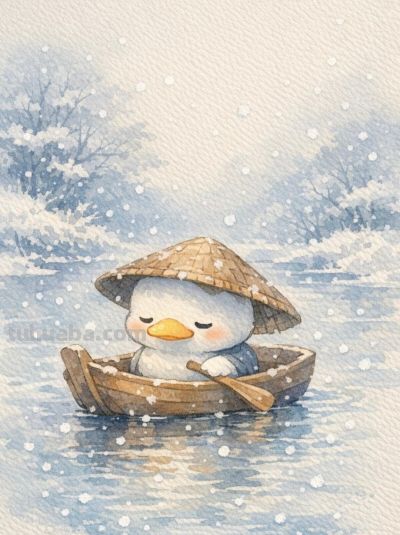 雪中垂钓乐 静待春意归 独享小确幸丨mocai水彩画小动物分享 - 图画吧TUHUABA