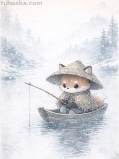 雪中垂钓乐 静待春意归 独享小确幸丨mocai水彩画小动物分享 - 图画吧TUHUABA