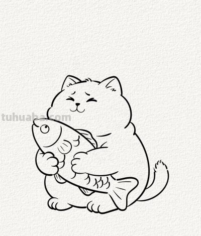 猫咪抱鱼轻眠午后 偷得浮生半日闲 摸鱼时光惬意足丨涂鸦简笔画分享 - 图画吧TUHUABA