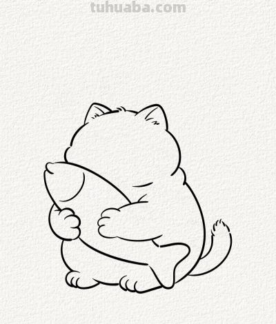 猫咪抱鱼轻眠午后 偷得浮生半日闲 摸鱼时光惬意足丨涂鸦简笔画分享 - 图画吧TUHUABA