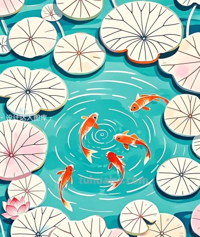 简约插画｜荷花和鲤鱼 - 图画吧TUHUABA