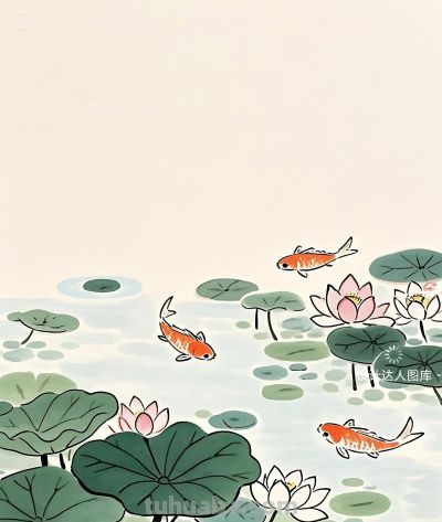 简约插画｜荷花和鲤鱼 - 图画吧TUHUABA