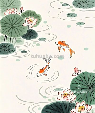 简约插画｜荷花和鲤鱼 - 图画吧TUHUABA