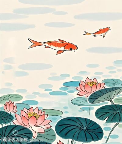 简约插画｜荷花和鲤鱼 - 图画吧TUHUABA
