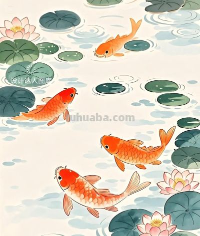 简约插画｜荷花和鲤鱼 - 图画吧TUHUABA