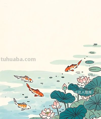 简约插画｜荷花和鲤鱼 - 图画吧TUHUABA