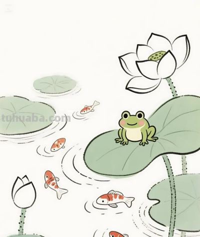 太太太治愈了，荷叶上的青蛙，荷池中的鱼 - 图画吧TUHUABA