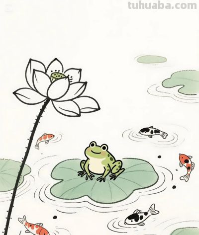 太太太治愈了，荷叶上的青蛙，荷池中的鱼 - 图画吧TUHUABA