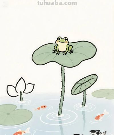 太太太治愈了，荷叶上的青蛙，荷池中的鱼 - 图画吧TUHUABA