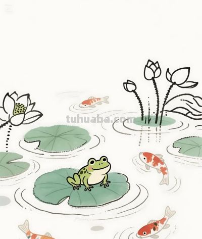 太太太治愈了，荷叶上的青蛙，荷池中的鱼 - 图画吧TUHUABA