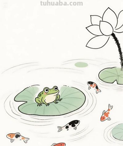 太太太治愈了，荷叶上的青蛙，荷池中的鱼 - 图画吧TUHUABA