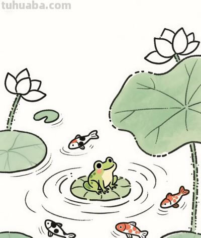 太太太治愈了，荷叶上的青蛙，荷池中的鱼 - 图画吧TUHUABA