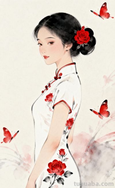 中国风水彩画玫瑰旗袍女人 - 图画吧TUHUABA