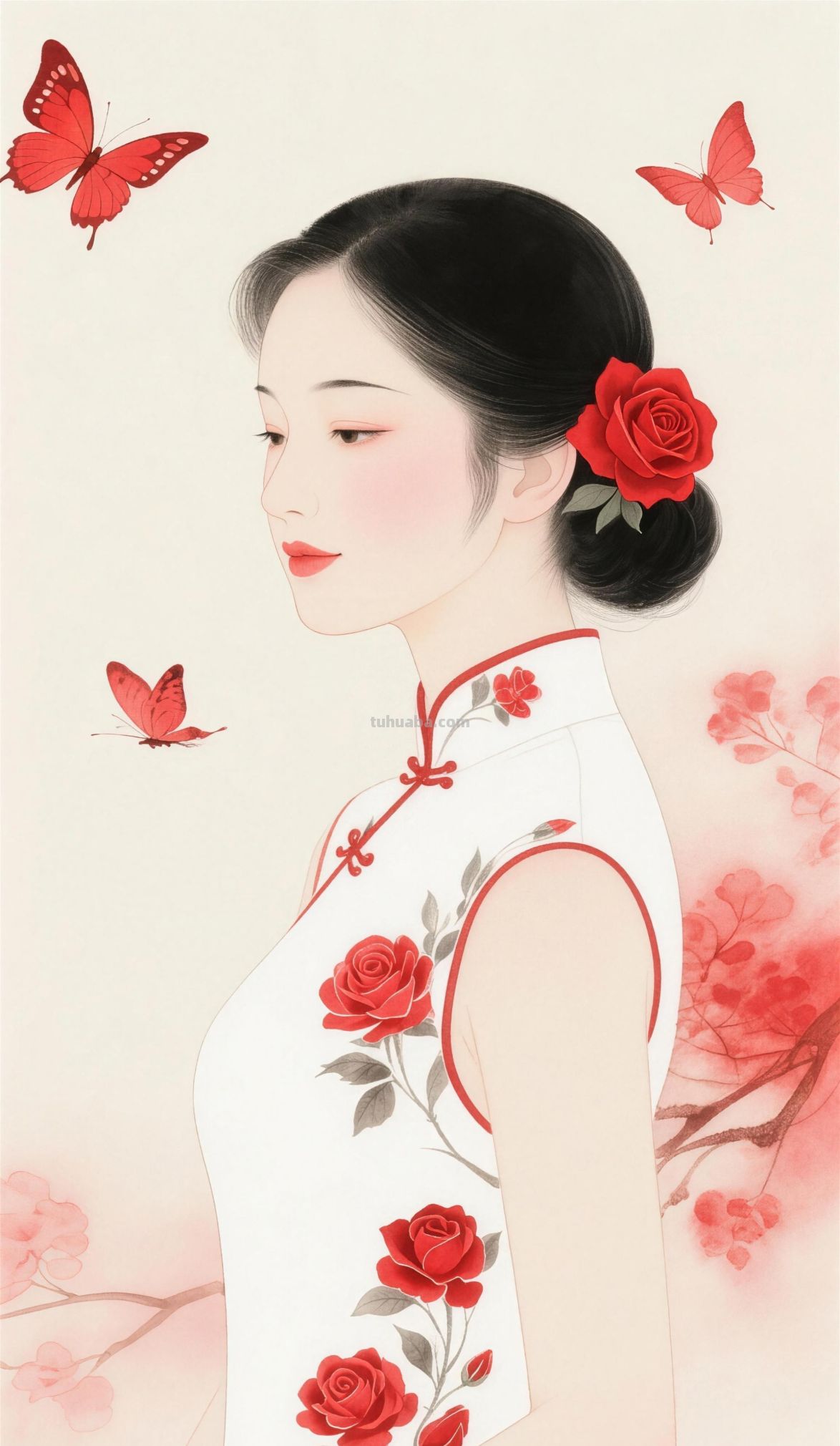 中国风水彩画玫瑰旗袍女人 - 图画吧TUHUABA