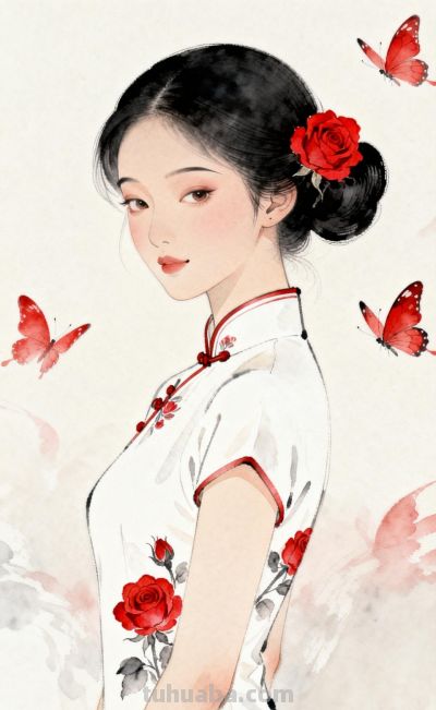 中国风水彩画玫瑰旗袍女人 - 图画吧TUHUABA