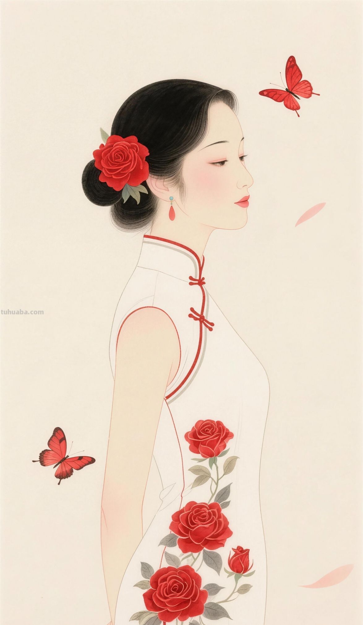 中国风水彩画玫瑰旗袍女人 - 图画吧TUHUABA