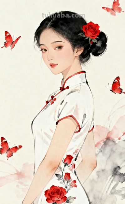 中国风水彩画玫瑰旗袍女人 - 图画吧TUHUABA