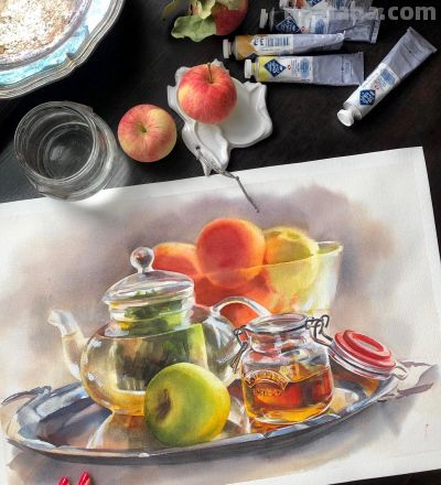 玻璃的质感，细腻的光影，这水彩好美啊！ - 图画吧TUHUABA