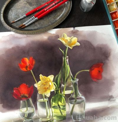 玻璃的质感，细腻的光影，这水彩好美啊！ - 图画吧TUHUABA