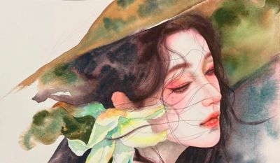 水彩少女插画：当发丝与花影邂逅，画里的她们皆为人间绝色 - 图画吧TUHUABA