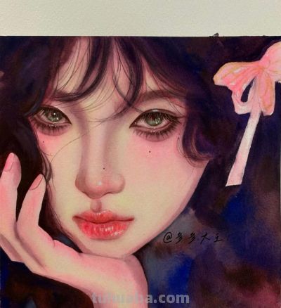 水彩少女插画：当发丝与花影邂逅，画里的她们皆为人间绝色 - 图画吧TUHUABA