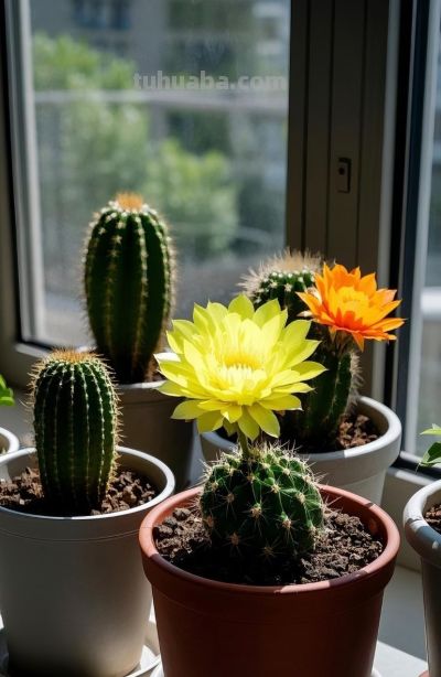 窗台上阳光明媚的仙人掌盆栽 - 图画吧TUHUABA