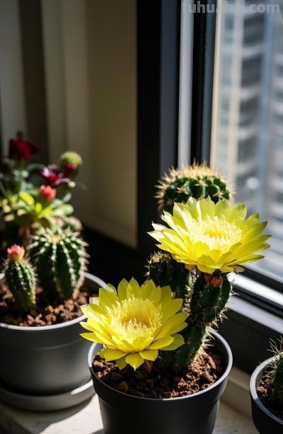 窗台上阳光明媚的仙人掌盆栽 - 图画吧TUHUABA