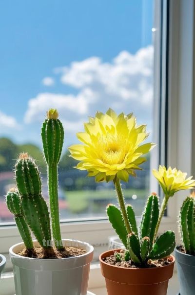 窗台上阳光明媚的仙人掌盆栽 - 图画吧TUHUABA