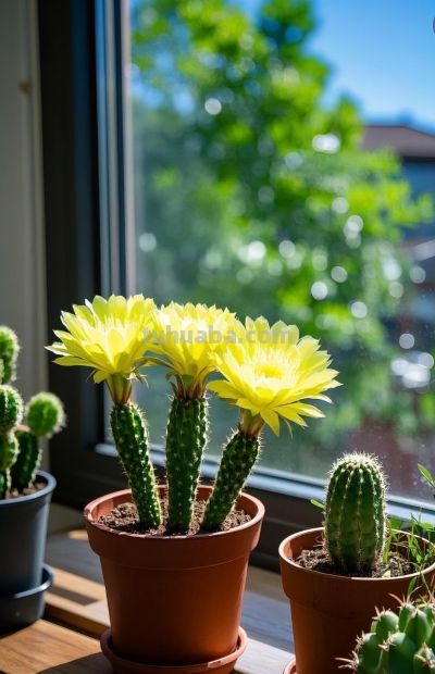 窗台上阳光明媚的仙人掌盆栽 - 图画吧TUHUABA