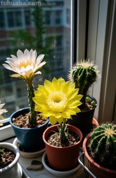 窗台上阳光明媚的仙人掌盆栽 - 图画吧TUHUABA