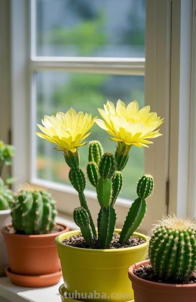 窗台上阳光明媚的仙人掌盆栽 - 图画吧TUHUABA