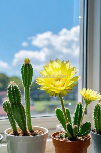 窗台上阳光明媚的仙人掌盆栽 - 图画吧TUHUABA