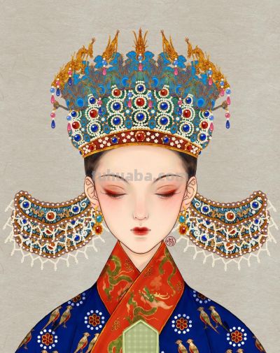 插画：凤冠的华贵、戏妆的精致、旗袍的优雅，每一幅都像非遗展品 - 图画吧TUHUABA
