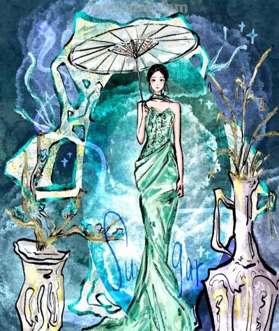 明星礼服插画版太绝了！仿佛把星河与童话穿在了身上 - 图画吧TUHUABA