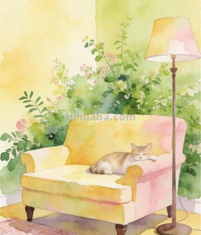 水彩春日小猫睡 沙发卧处暖时光 慵懒又温柔丨心间的月牙儿分享 - 今日头条