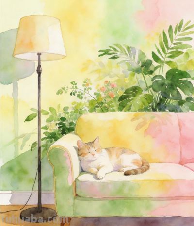 水彩春日小猫睡 沙发卧处暖时光 慵懒又温柔丨心间的月牙儿分享 - 图画吧TUHUABA