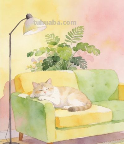 水彩春日小猫睡 沙发卧处暖时光 慵懒又温柔丨心间的月牙儿分享 - 图画吧TUHUABA