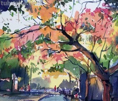 印度当代水彩画家萨杜·阿利育作品，在宁静中涌动着自然生命力 - 图画吧TUHUABA