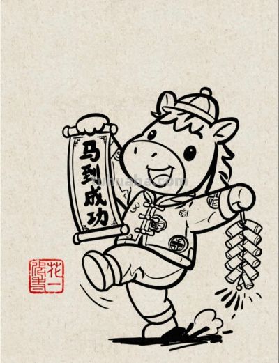 爆竹声中马到成功好运开丨花一简笔画马年好运图分享 - 今日头条