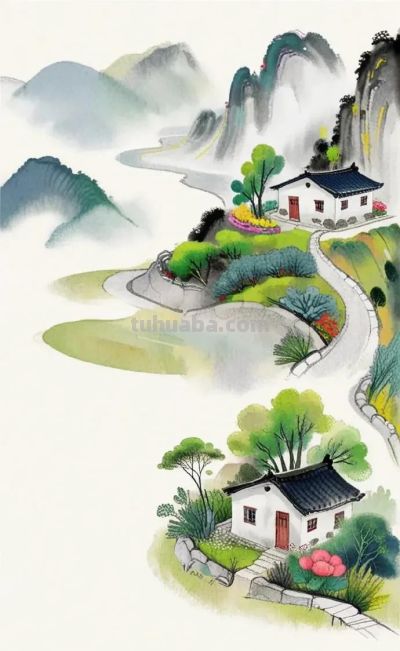 简约水彩风山水乡间景色国风壁纸 - 图画吧TUHUABA
