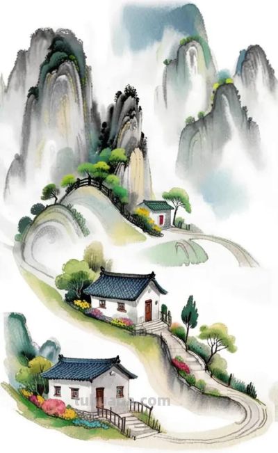 简约水彩风山水乡间景色国风壁纸 - 图画吧TUHUABA