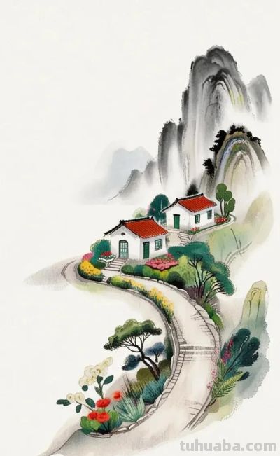 简约水彩风山水乡间景色国风壁纸 - 图画吧TUHUABA