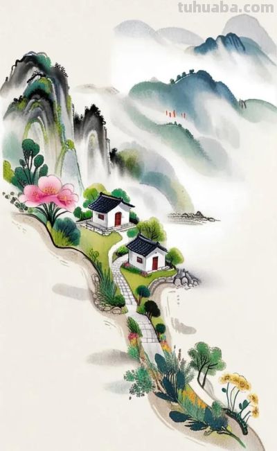 简约水彩风山水乡间景色国风壁纸 - 图画吧TUHUABA